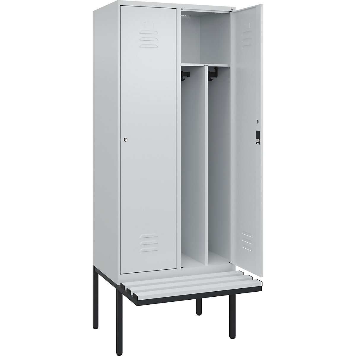 Cacifo com separação de roupa suja/limpa Classic PLUS com banco, estreito – C+P, 2 compartimentos, divisória encurtada, cinzento claro, L 800 mm, fechadura de cilindro, saliente, plástico-0