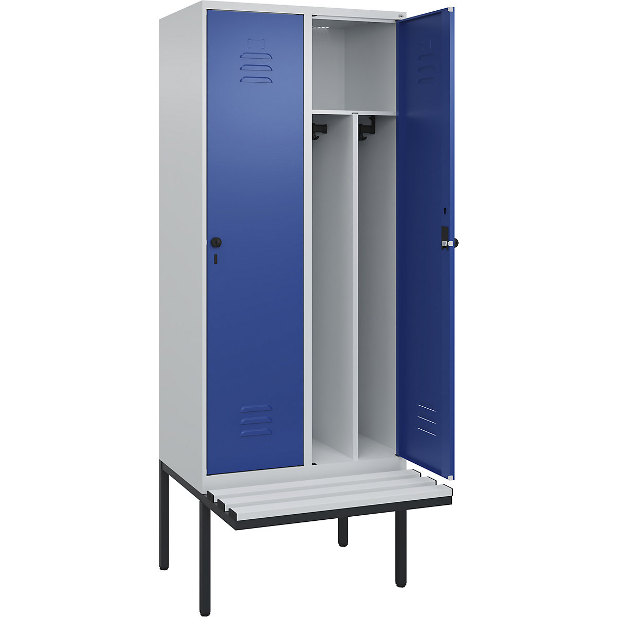 Cacifo com separação de roupa suja/limpa Classic PLUS com banco, estreito – C+P, 2 compartimentos, divisória encurtada, cinzento claro/azul genciana, L 800 mm, trinco de segurança rotativo, saliente, plástico-0