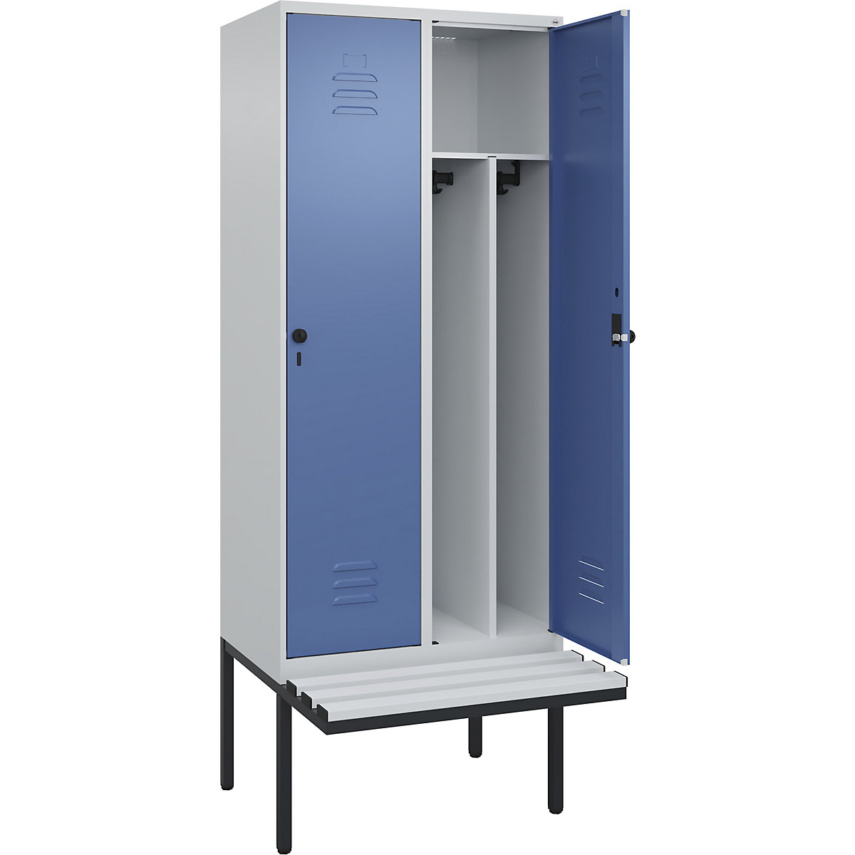 Cacifo com separação de roupa suja/limpa Classic PLUS com banco, estreito – C+P, 2 compartimentos, divisória encurtada, cinzento claro/azul distante, L 800 mm, trinco de segurança rotativo, saliente, plástico-0