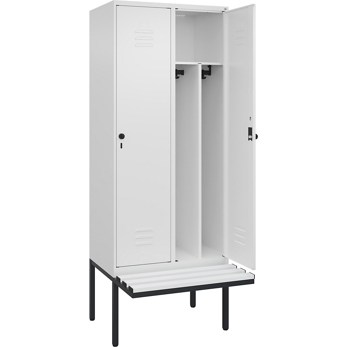 Cacifo com separação de roupa suja/limpa Classic PLUS com banco, estreito – C+P, 2 compartimentos, divisória encurtada, branco trânsito, L 800 mm, trinco de segurança rotativo, saliente, plástico-0