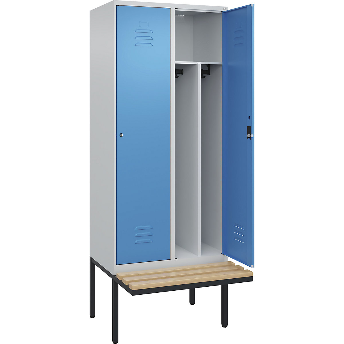 Cacifo com separação de roupa suja/limpa Classic PLUS com banco, estreito – C+P, 2 compartimentos, divisória encurtada, cinzento claro/azul claro, L 800 mm, fechadura de cilindro, saliente, madeira dura de faia-0