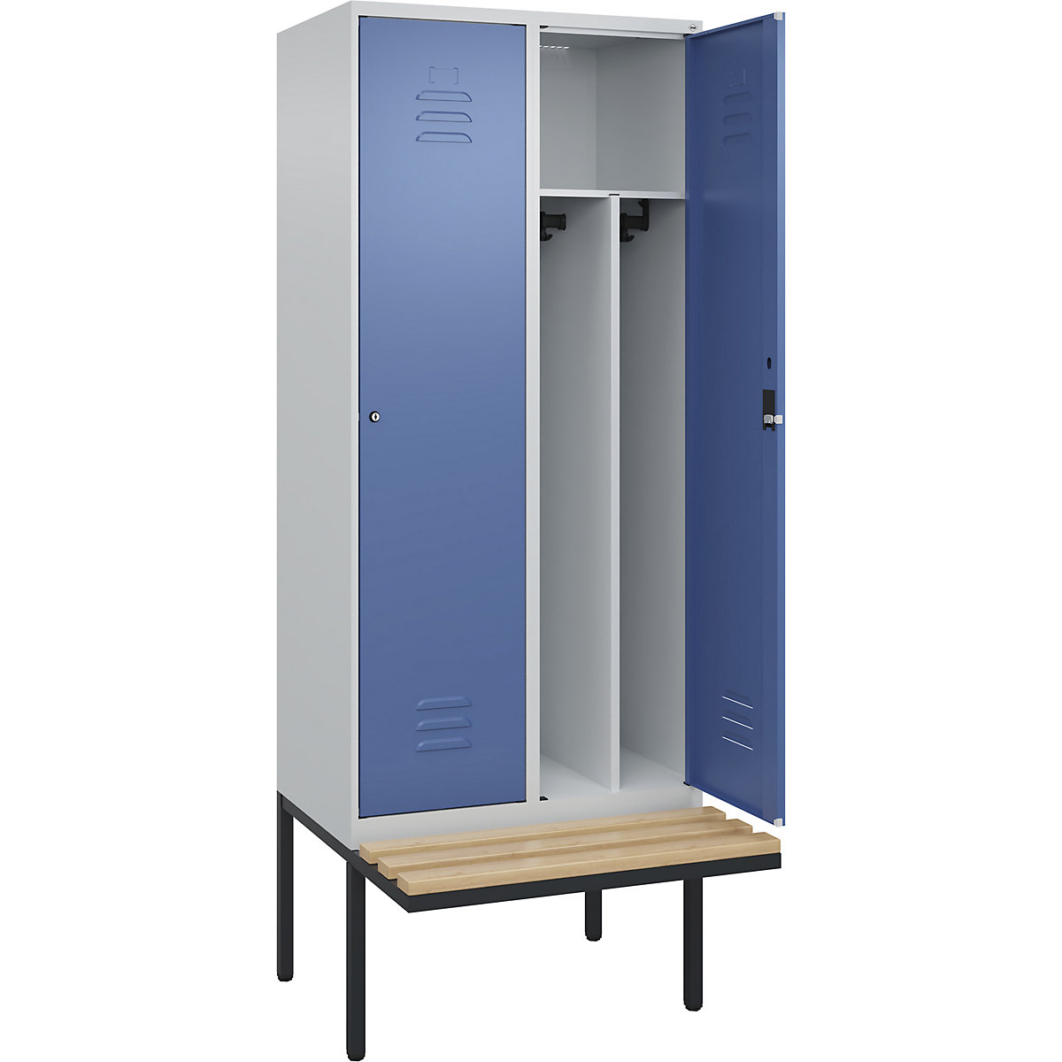 Cacifo com separação de roupa suja/limpa Classic PLUS com banco, estreito – C+P, 2 compartimentos, divisória encurtada, cinzento claro/azul distante, L 800 mm, fechadura de cilindro, saliente, madeira dura de faia-0