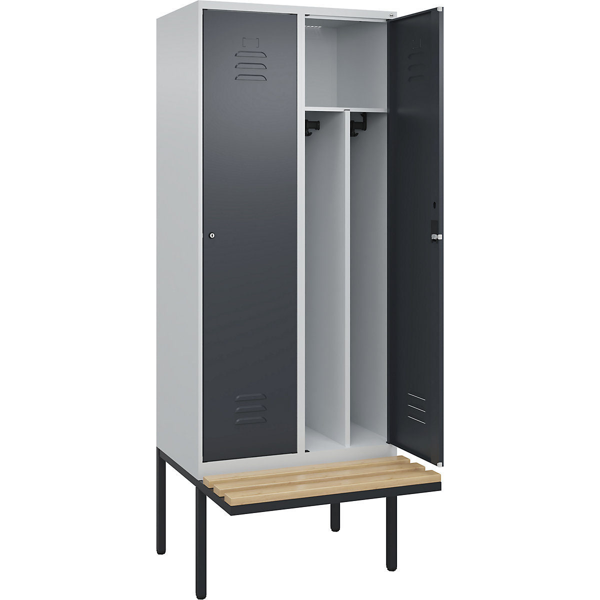 Cacifo com separação de roupa suja/limpa Classic PLUS com banco, estreito – C+P, 2 compartimentos, divisória encurtada, cinzento claro/cinzento, L 800 mm, fechadura de cilindro, saliente, madeira dura de faia-0