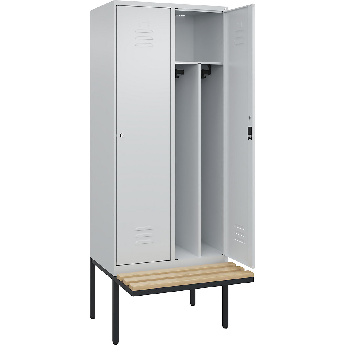 Cacifo com separação de roupa suja/limpa Classic PLUS com banco, estreito – C+P, 2 compartimentos, divisória encurtada, cinzento claro, L 800 mm, fechadura de cilindro, saliente, madeira dura de faia-0