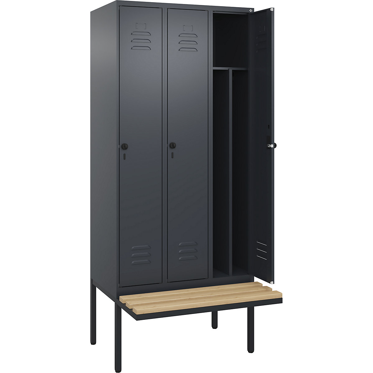 Cacifo com separação de roupa suja/limpa Classic PLUS com banco, estreito – C+P, 3 compartimentos, divisória encurtada, cinzento, L 900 mm, trinco de segurança rotativo, saliente, madeira dura de faia-0