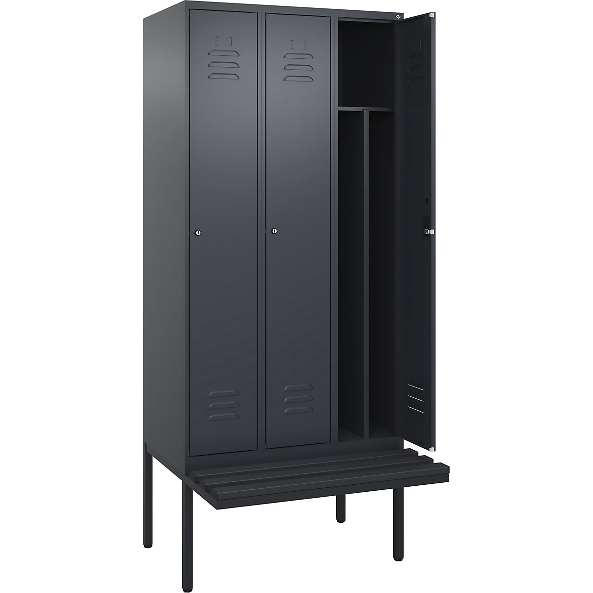 Cacifo com separação de roupa suja/limpa Classic PLUS com banco, estreito – C+P, 3 compartimentos, divisória encurtada, cinzento, L 900 mm, fechadura de cilindro, saliente, plástico-0