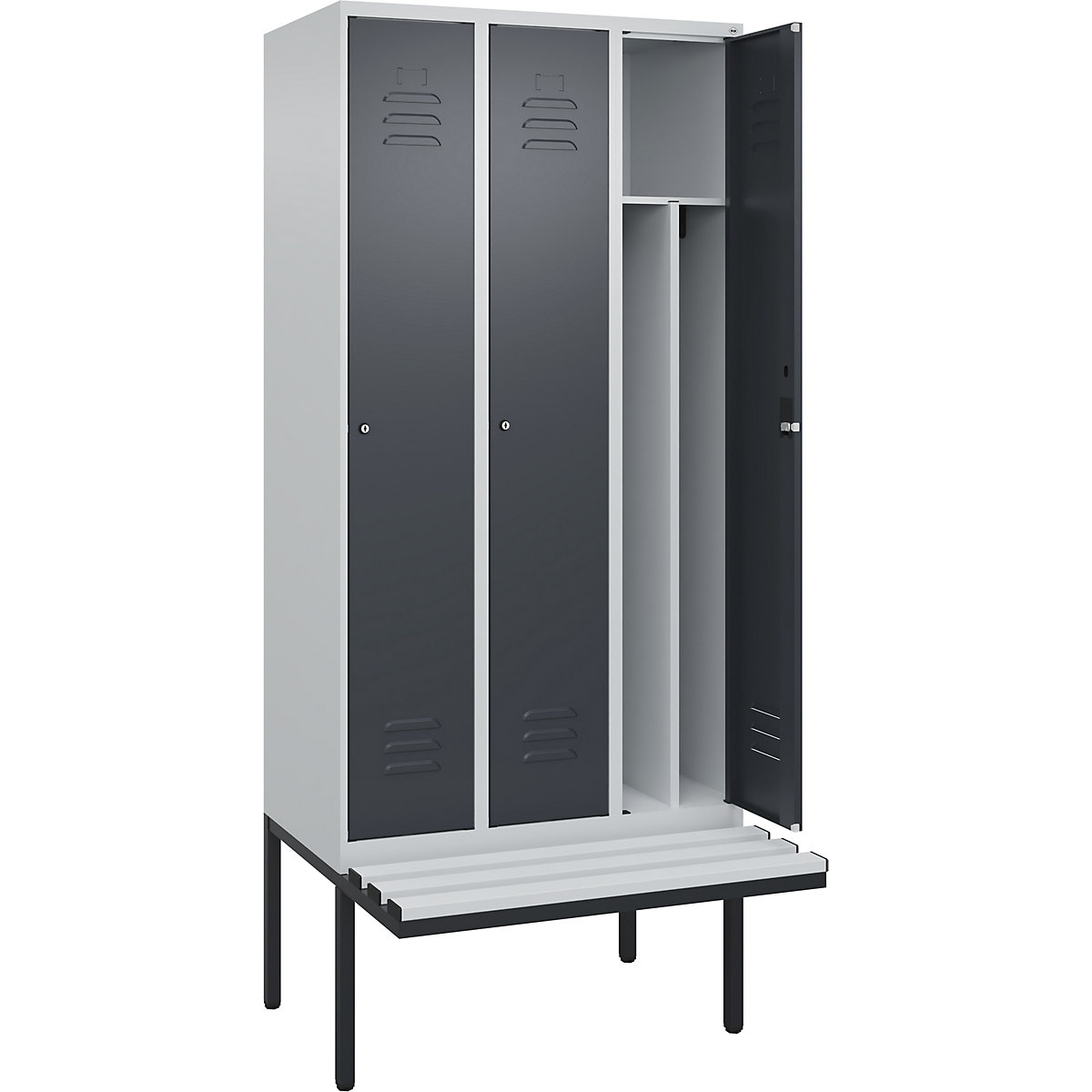 Cacifo com separação de roupa suja/limpa Classic PLUS com banco, estreito – C+P, 3 compartimentos, divisória encurtada, cinzento claro/cinzento, L 900 mm, fechadura de cilindro, saliente, plástico-0