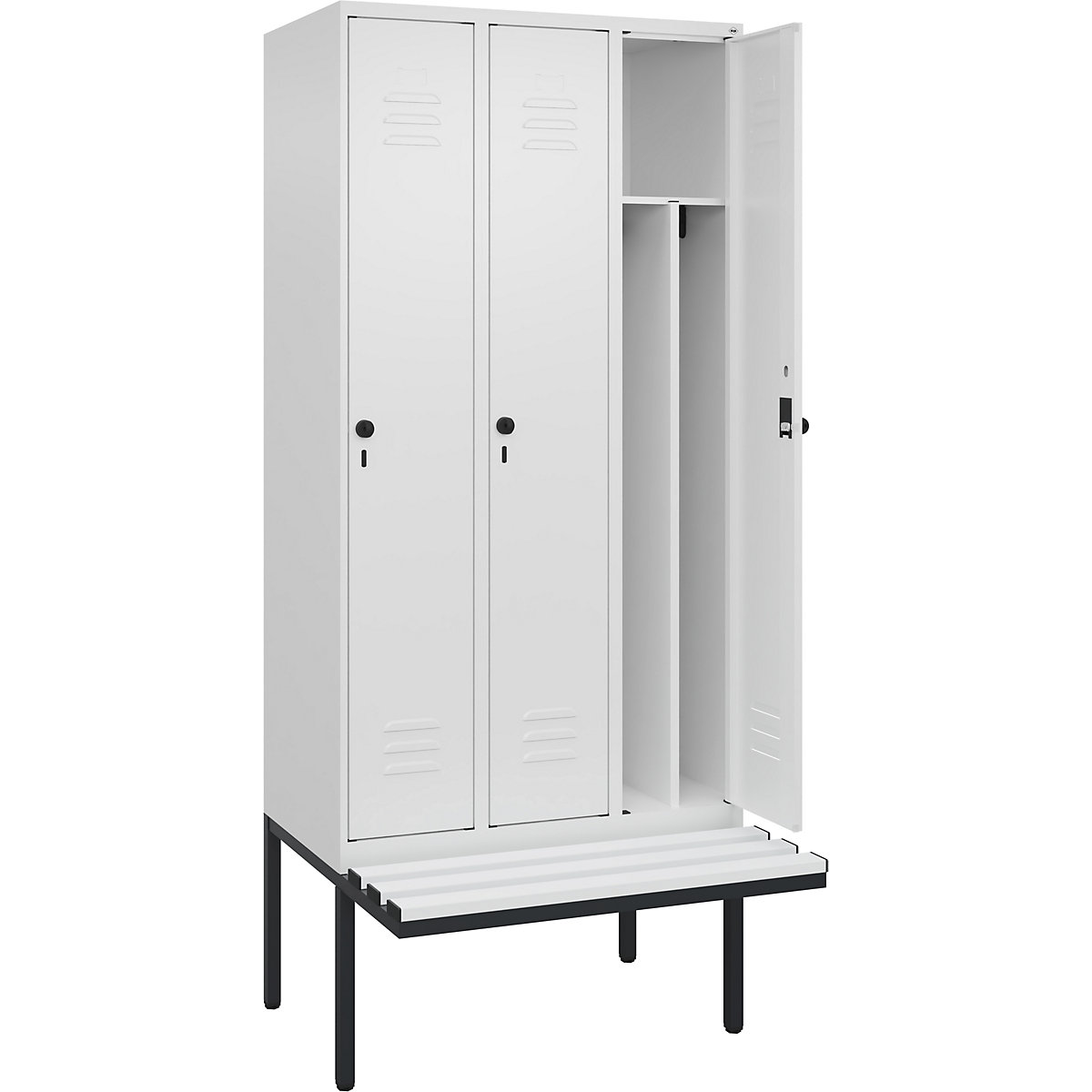 Cacifo com separação de roupa suja/limpa Classic PLUS com banco, estreito – C+P, 3 compartimentos, divisória encurtada, branco trânsito, L 900 mm, trinco de segurança rotativo, saliente, plástico-0