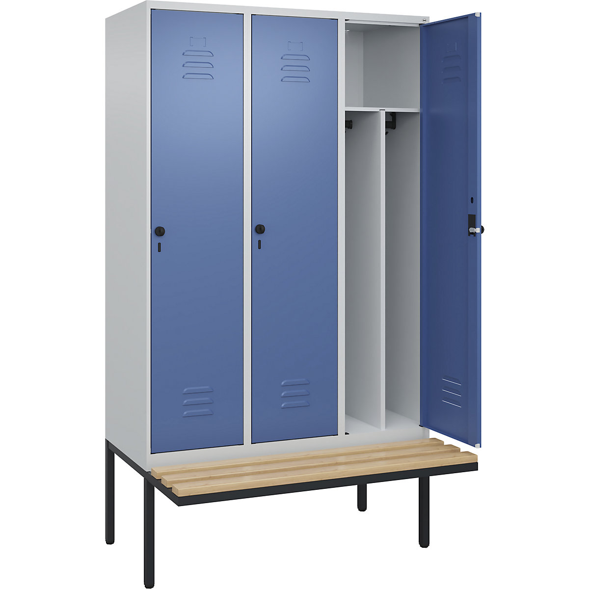 Cacifo com separação de roupa suja/limpa Classic PLUS com banco, estreito – C+P, 3 compartimentos, divisória encurtada, cinzento claro/azul distante, L 1200 mm, trinco de segurança rotativo, saliente, madeira dura de faia-0
