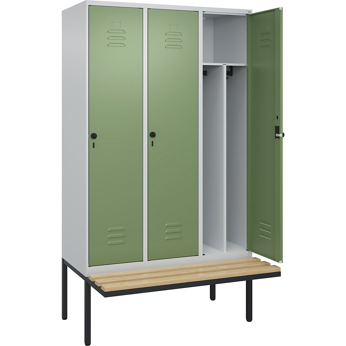 Cacifo com separação de roupa suja/limpa Classic PLUS com banco, estreito – C+P, 3 compartimentos, divisória encurtada, cinzento claro/verde reseda, L 1200 mm, trinco de segurança rotativo, saliente, madeira dura de faia-0