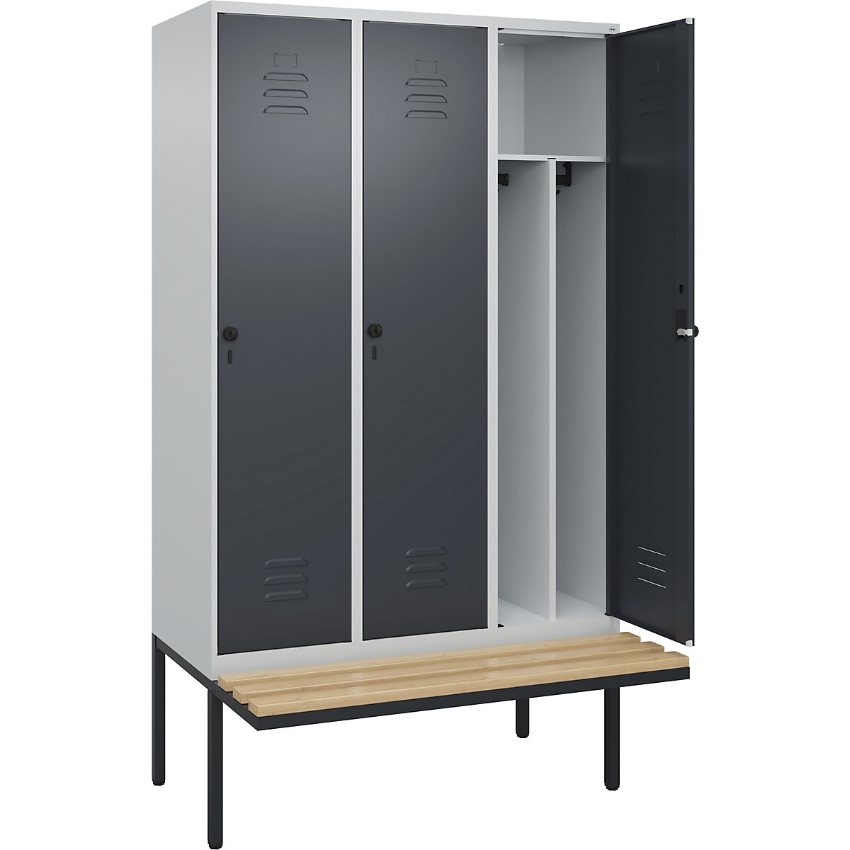 Cacifo com separação de roupa suja/limpa Classic PLUS com banco, estreito – C+P, 3 compartimentos, divisória encurtada, cinzento claro/cinzento, L 1200 mm, trinco de segurança rotativo, saliente, madeira dura de faia-0