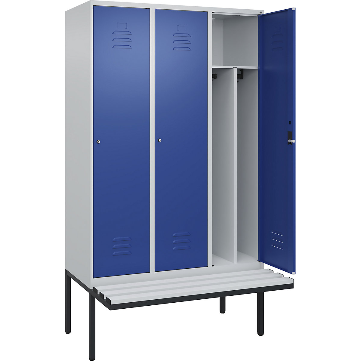 Cacifo com separação de roupa suja/limpa Classic PLUS com banco, estreito – C+P, 3 compartimentos, divisória encurtada, cinzento claro/azul genciana, L 1200 mm, fechadura de cilindro, saliente, plástico-0