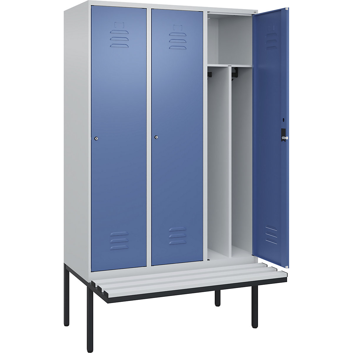 Cacifo com separação de roupa suja/limpa Classic PLUS com banco, estreito – C+P, 3 compartimentos, divisória encurtada, cinzento claro/azul distante, L 1200 mm, fechadura de cilindro, saliente, plástico-0