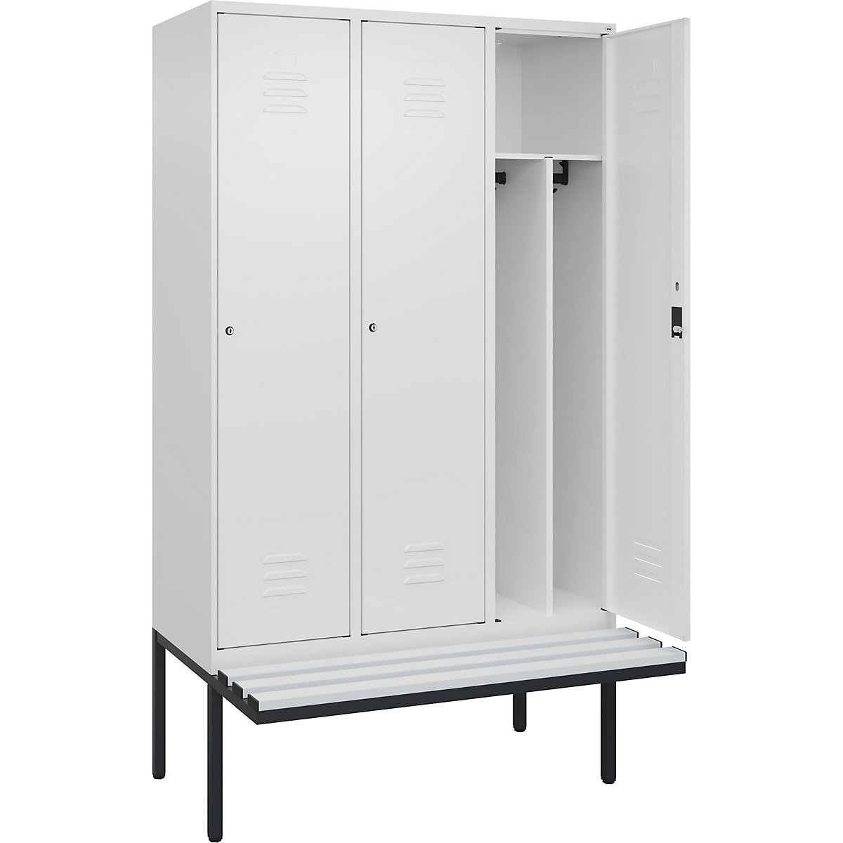 Cacifo com separação de roupa suja/limpa Classic PLUS com banco, estreito – C+P, 3 compartimentos, divisória encurtada, branco trânsito, L 1200 mm, fechadura de cilindro, saliente, plástico-0