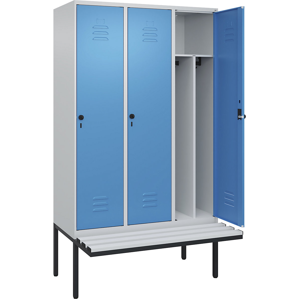 Cacifo com separação de roupa suja/limpa Classic PLUS com banco, estreito – C+P, 3 compartimentos, divisória encurtada, cinzento claro/azul claro, L 1200 mm, trinco de segurança rotativo, saliente, plástico-0