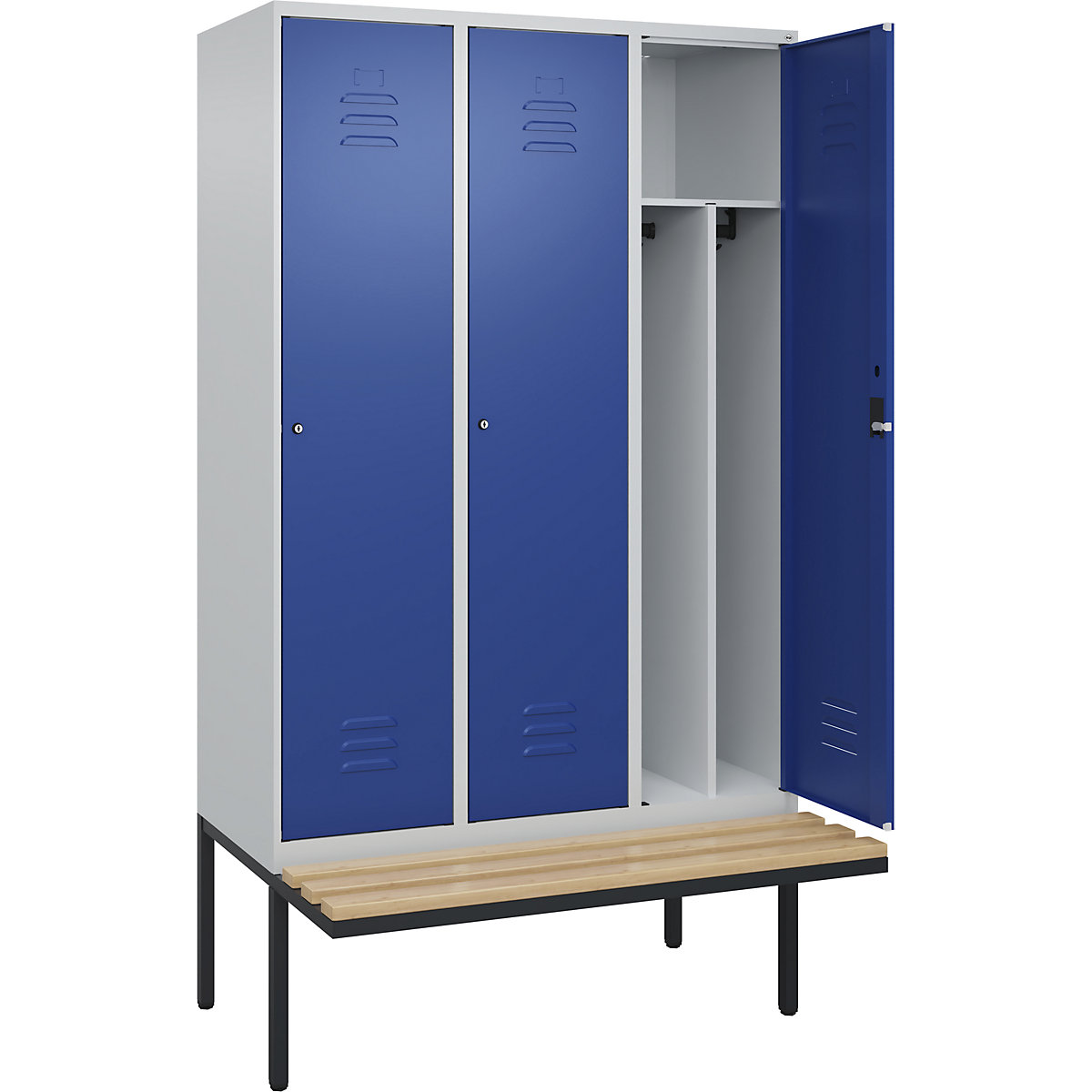 Cacifo com separação de roupa suja/limpa Classic PLUS com banco, estreito – C+P, 3 compartimentos, divisória encurtada, cinzento claro/azul genciana, L 1200 mm, fechadura de cilindro, saliente, madeira dura de faia-0