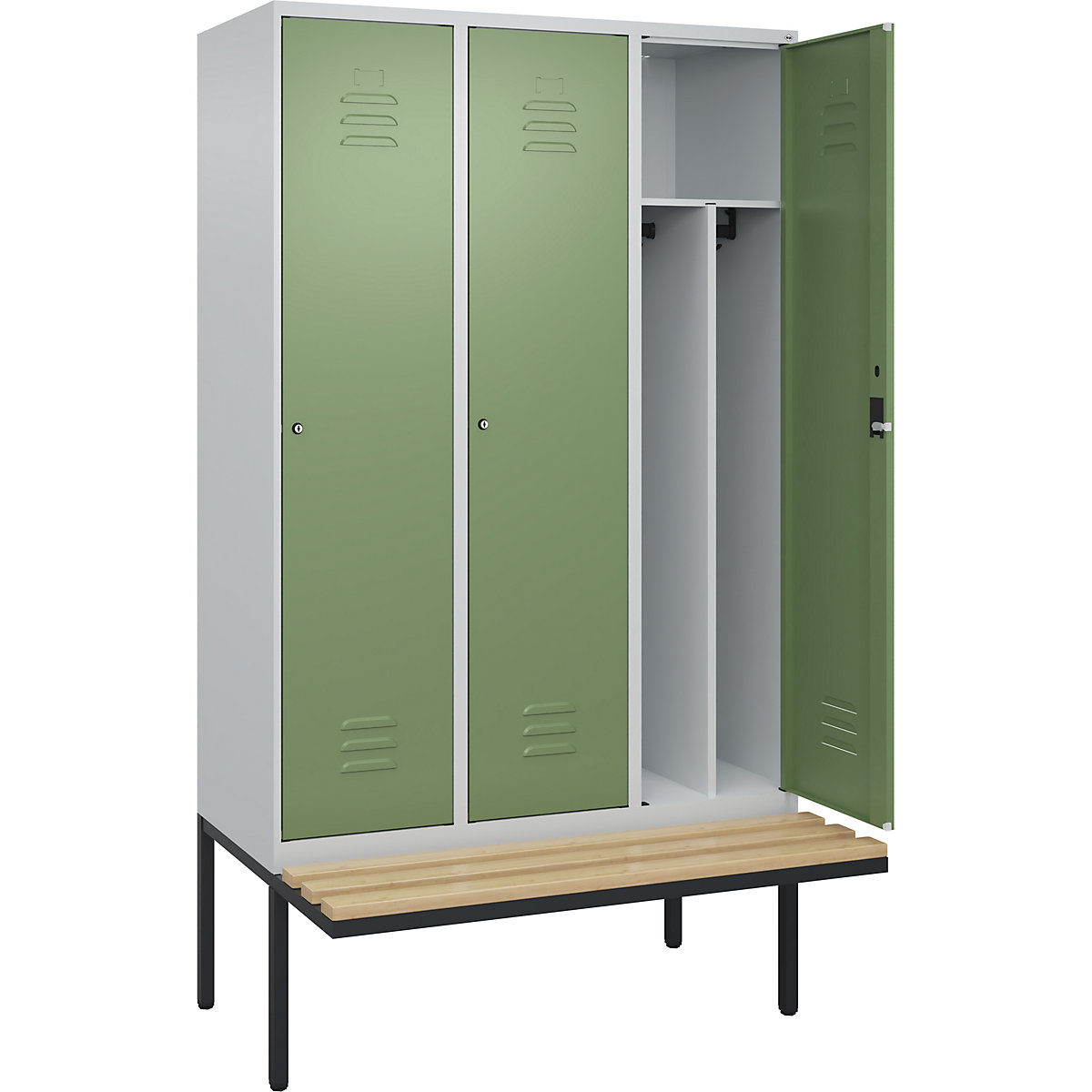 Cacifo com separação de roupa suja/limpa Classic PLUS com banco, estreito – C+P, 3 compartimentos, divisória encurtada, cinzento claro/verde reseda, L 1200 mm, fechadura de cilindro, saliente, madeira dura de faia-0