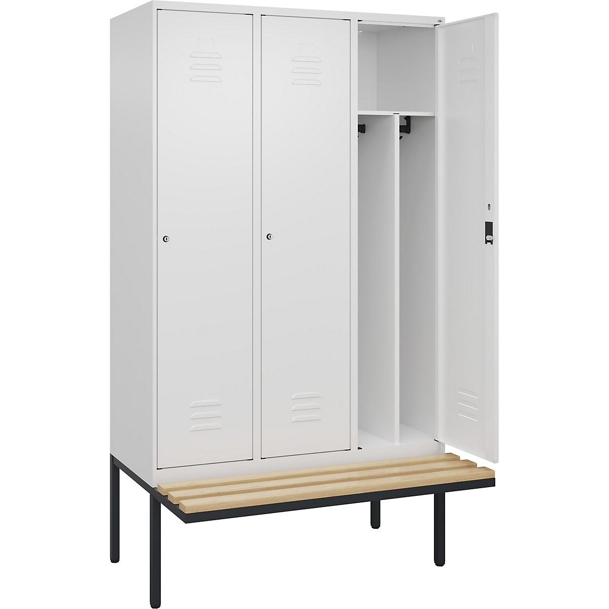 Cacifo com separação de roupa suja/limpa Classic PLUS com banco, estreito – C+P, 3 compartimentos, divisória encurtada, branco trânsito, L 1200 mm, fechadura de cilindro, saliente, madeira dura de faia-0