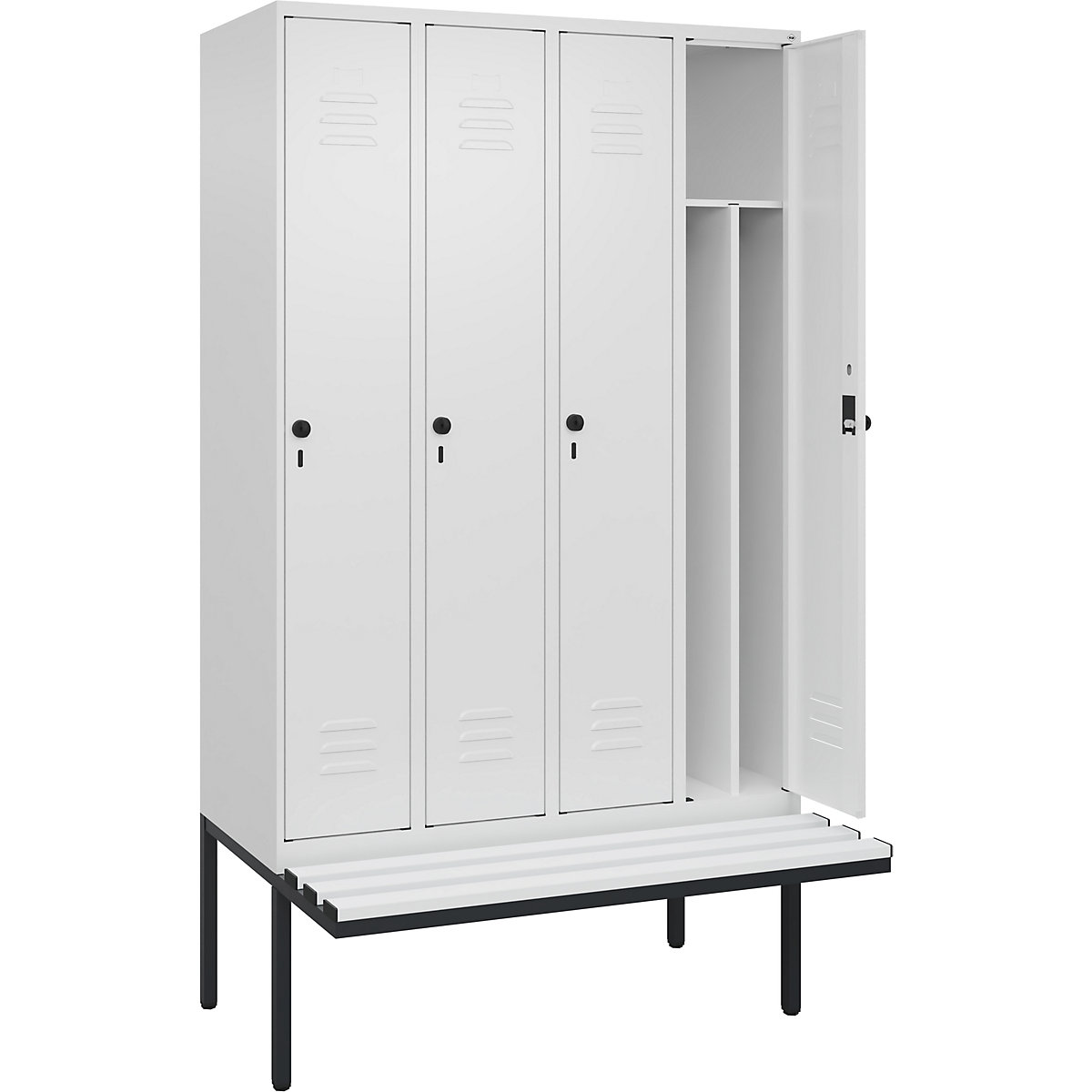 Cacifo com separação de roupa suja/limpa Classic PLUS com banco, estreito – C+P, 4 compartimentos, divisória encurtada, branco trânsito, L 1200 mm, trinco de segurança rotativo, saliente, plástico-0