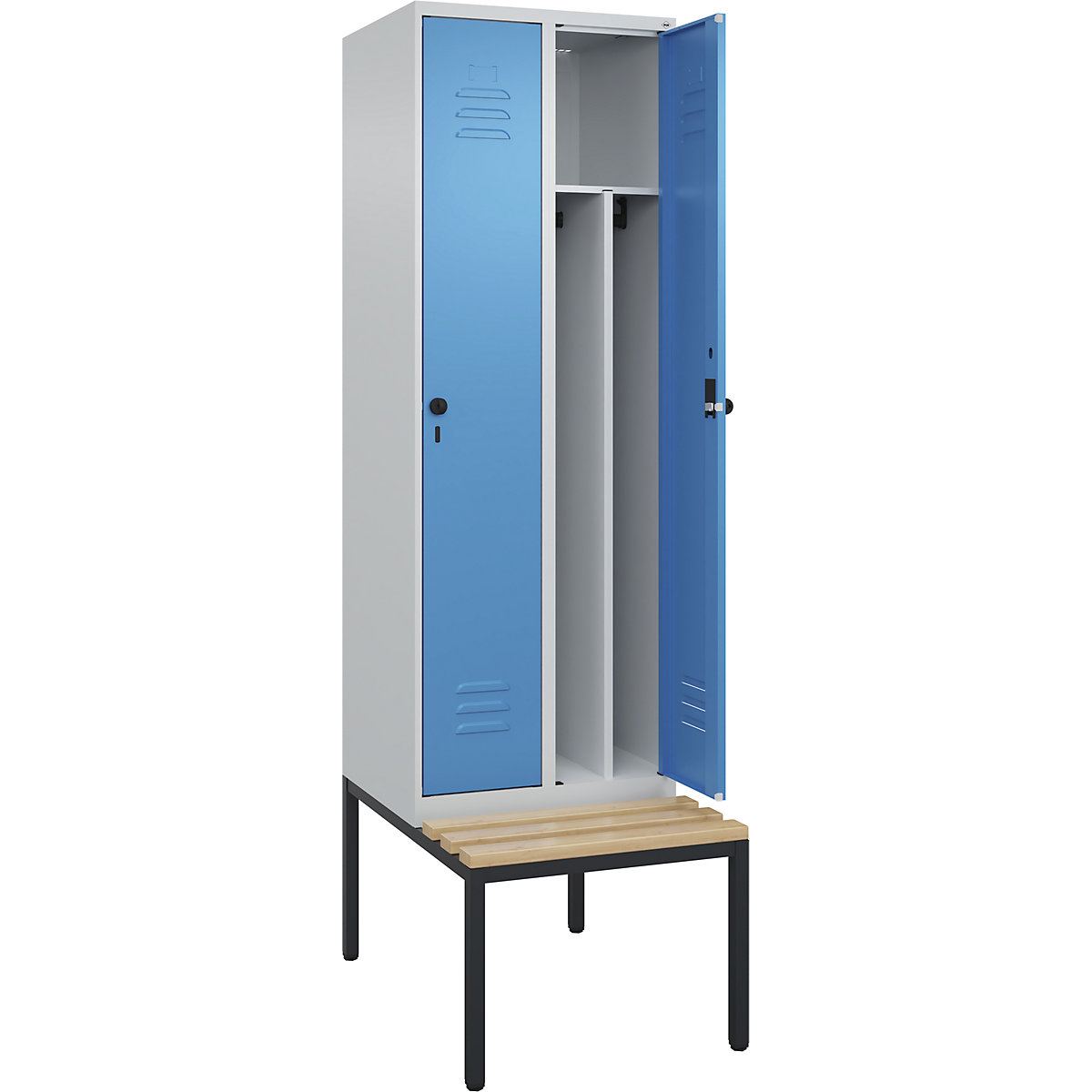 Cacifo com separação de roupa suja/limpa Classic PLUS com banco, estreito – C+P, 2 compartimentos, divisória encurtada, cinzento claro/azul claro, L 600 mm, trinco de segurança rotativo, incorporado, madeira dura de faia-0