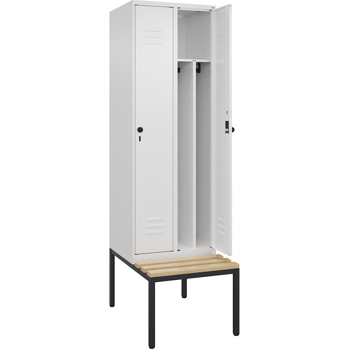 Cacifo com separação de roupa suja/limpa Classic PLUS com banco, estreito – C+P, 2 compartimentos, divisória encurtada, branco trânsito, L 600 mm, trinco de segurança rotativo, incorporado, madeira dura de faia-0