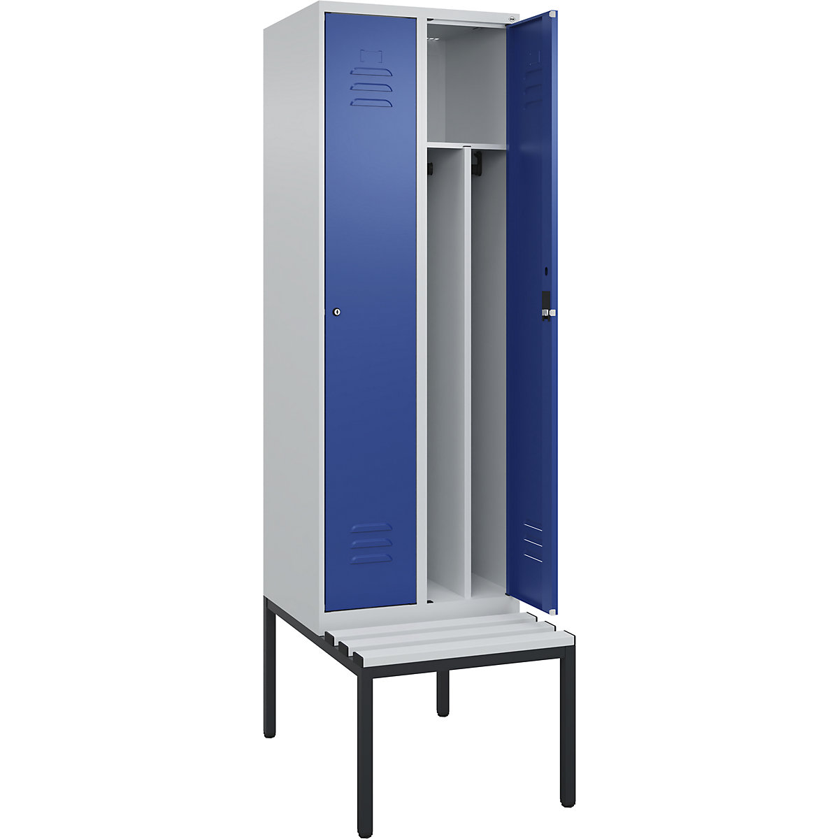 Cacifo com separação de roupa suja/limpa Classic PLUS com banco, estreito – C+P, 2 compartimentos, divisória encurtada, cinzento claro/azul genciana, L 600 mm, fechadura de cilindro, incorporado, plástico-0
