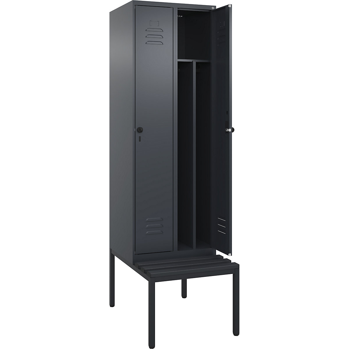 Cacifo com separação de roupa suja/limpa Classic PLUS com banco, estreito – C+P, 2 compartimentos, divisória encurtada, cinzento, L 600 mm, trinco de segurança rotativo, incorporado, plástico-0