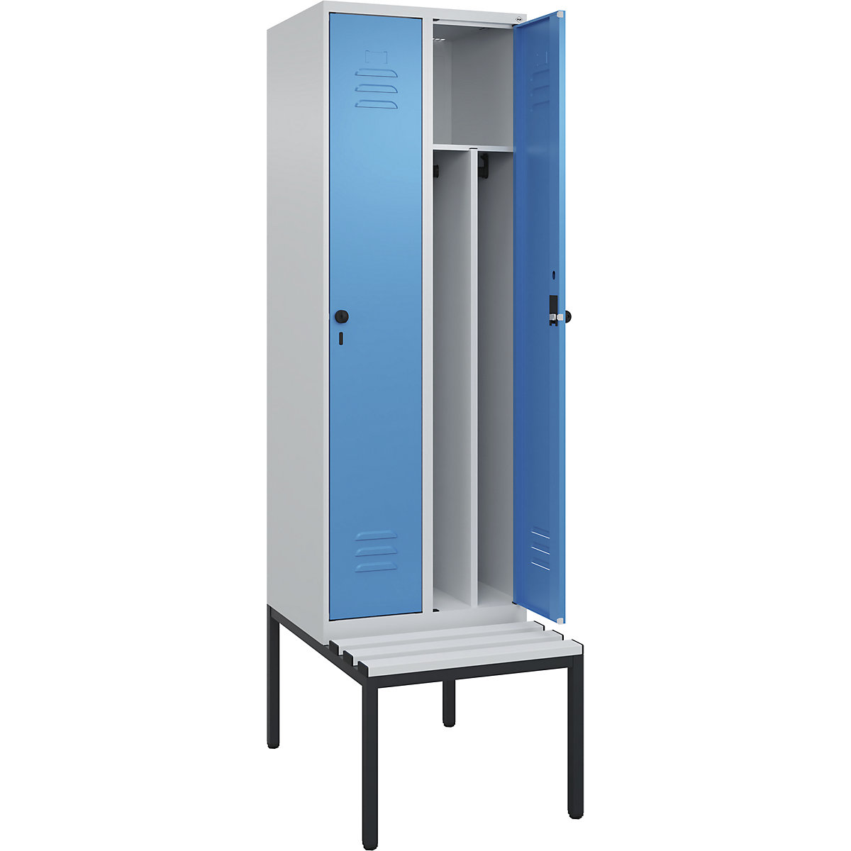 Cacifo com separação de roupa suja/limpa Classic PLUS com banco, estreito – C+P, 2 compartimentos, divisória encurtada, cinzento claro/azul claro, L 600 mm, trinco de segurança rotativo, incorporado, plástico-0