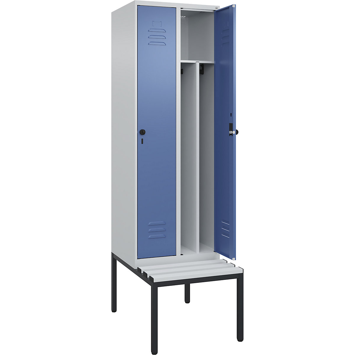 Cacifo com separação de roupa suja/limpa Classic PLUS com banco, estreito – C+P, 2 compartimentos, divisória encurtada, cinzento claro/azul distante, L 600 mm, trinco de segurança rotativo, incorporado, plástico-0