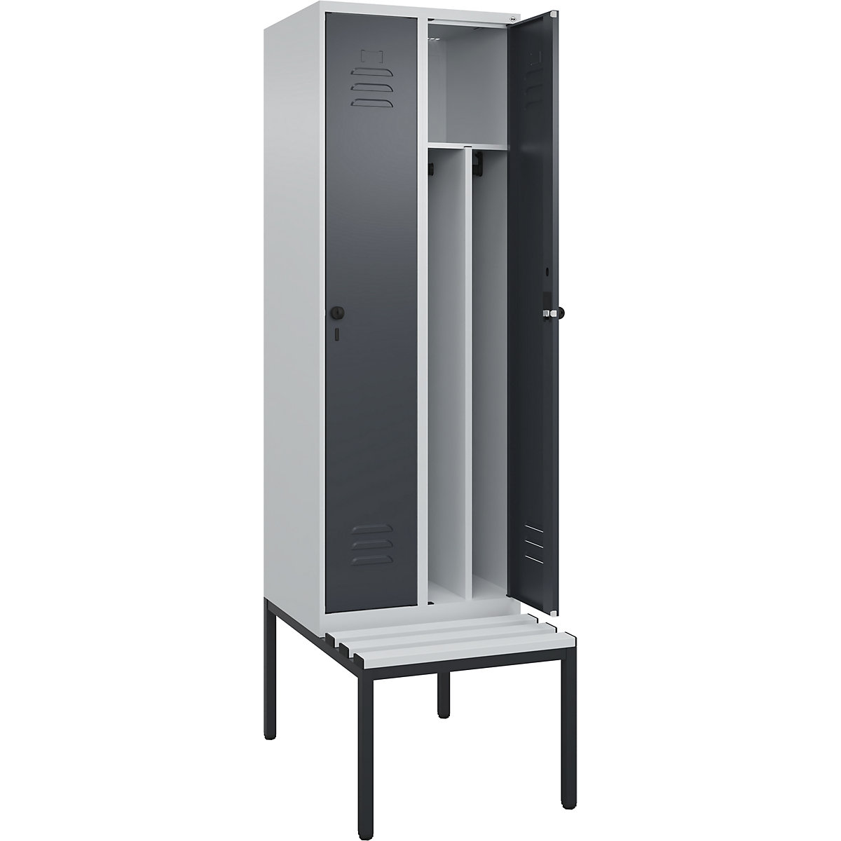 Cacifo com separação de roupa suja/limpa Classic PLUS com banco, estreito – C+P, 2 compartimentos, divisória encurtada, cinzento claro/cinzento, L 600 mm, trinco de segurança rotativo, incorporado, plástico-0