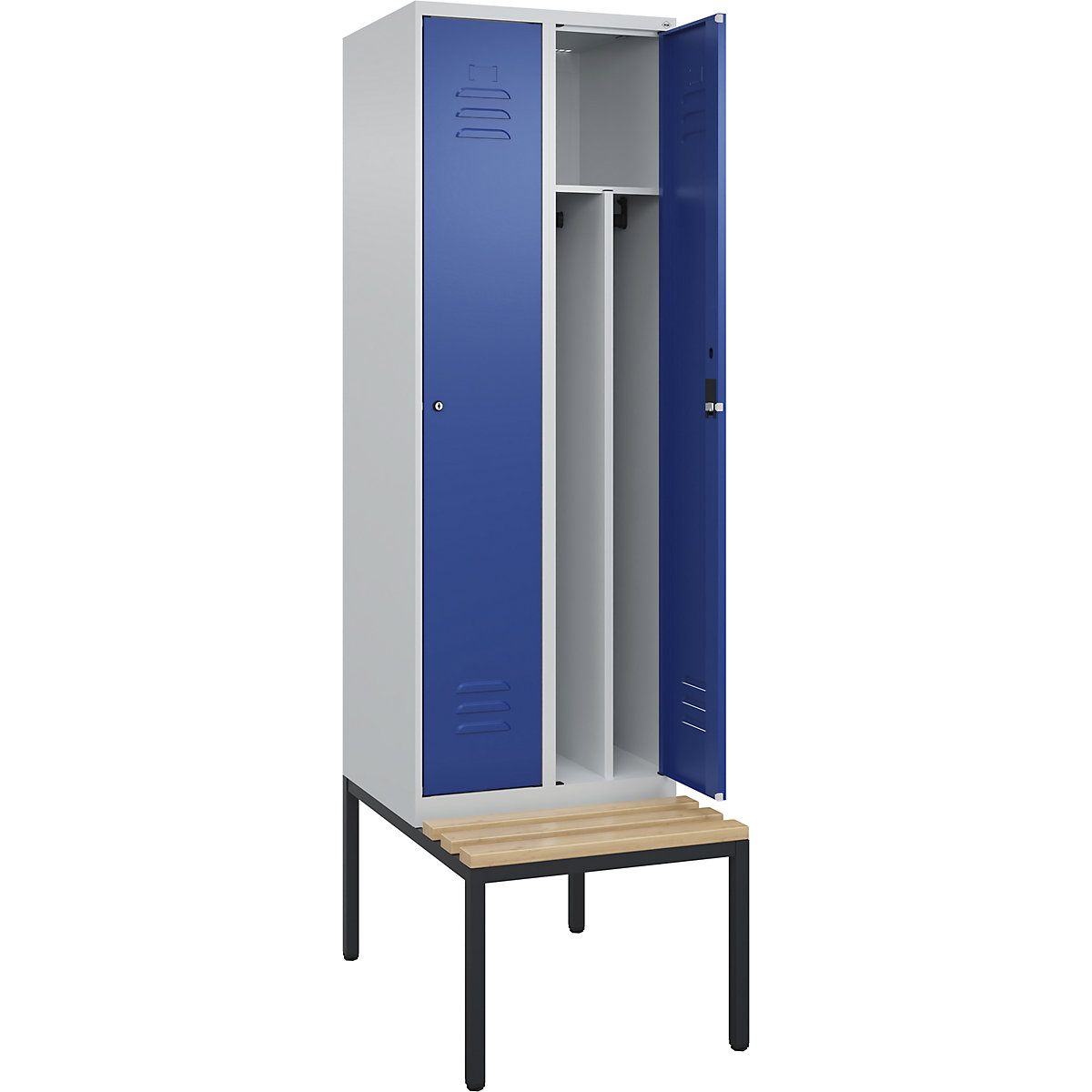Cacifo com separação de roupa suja/limpa Classic PLUS com banco, estreito – C+P, 2 compartimentos, divisória encurtada, cinzento claro/azul genciana, L 600 mm, fechadura de cilindro, incorporado, madeira dura de faia-0