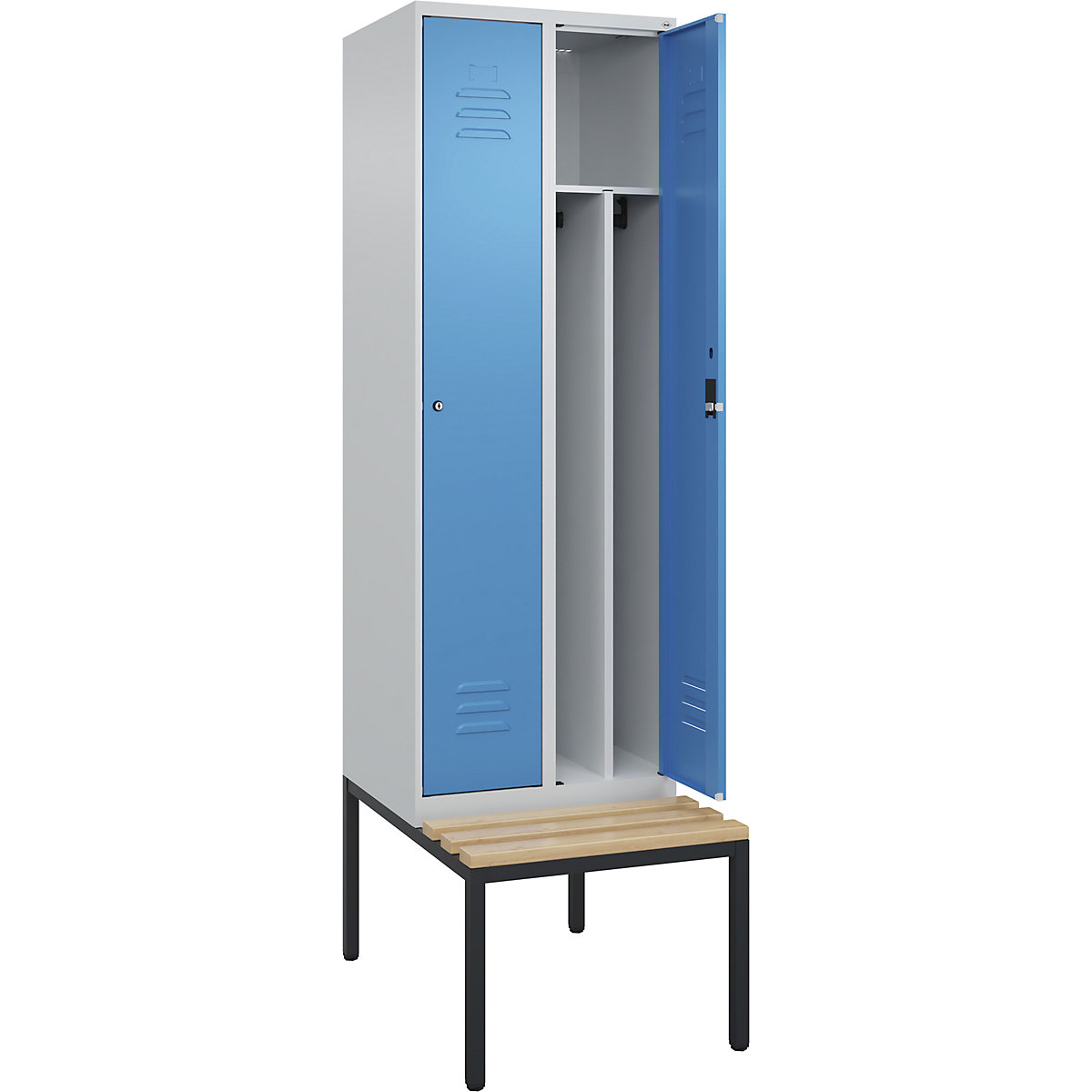 Cacifo com separação de roupa suja/limpa Classic PLUS com banco, estreito – C+P, 2 compartimentos, divisória encurtada, cinzento claro/azul claro, L 600 mm, fechadura de cilindro, incorporado, madeira dura de faia-0