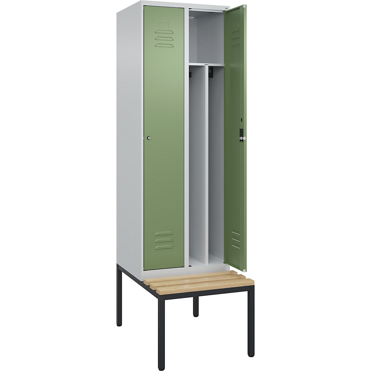 Cacifo com separação de roupa suja/limpa Classic PLUS com banco, estreito – C+P, 2 compartimentos, divisória encurtada, cinzento claro/verde reseda, L 600 mm, fechadura de cilindro, incorporado, madeira dura de faia-0