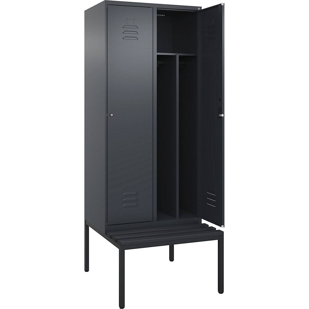 Cacifo com separação de roupa suja/limpa Classic PLUS com banco, estreito – C+P, 2 compartimentos, divisória encurtada, cinzento, L 800 mm, fechadura de cilindro, incorporado, plástico-0