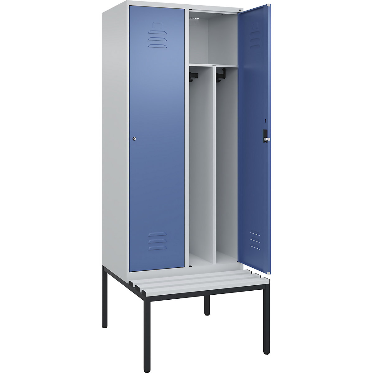 Cacifo com separação de roupa suja/limpa Classic PLUS com banco, estreito – C+P, 2 compartimentos, divisória encurtada, cinzento claro/azul distante, L 800 mm, fechadura de cilindro, incorporado, plástico-0