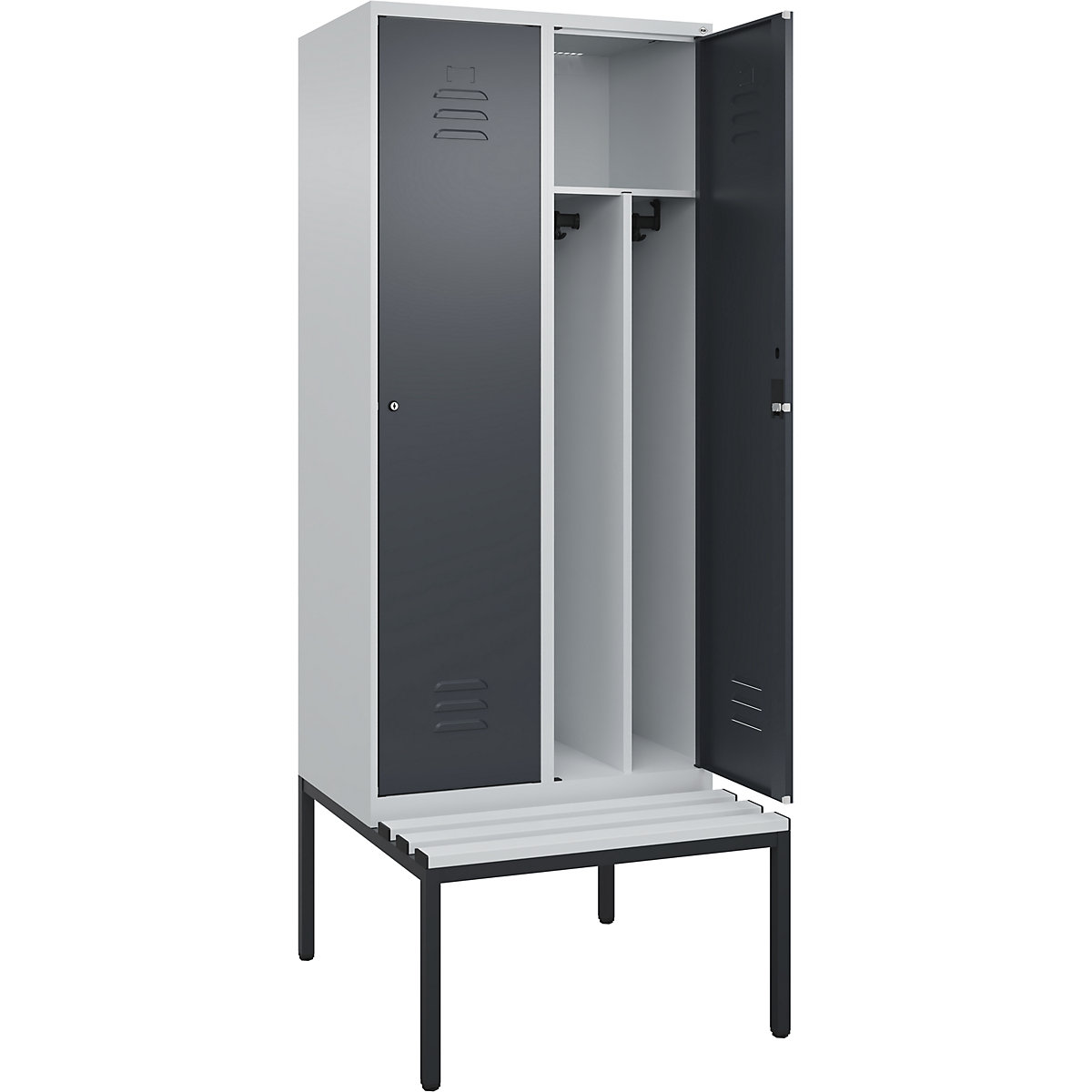 Cacifo com separação de roupa suja/limpa Classic PLUS com banco, estreito – C+P, 2 compartimentos, divisória encurtada, cinzento claro/cinzento, L 800 mm, fechadura de cilindro, incorporado, plástico-0