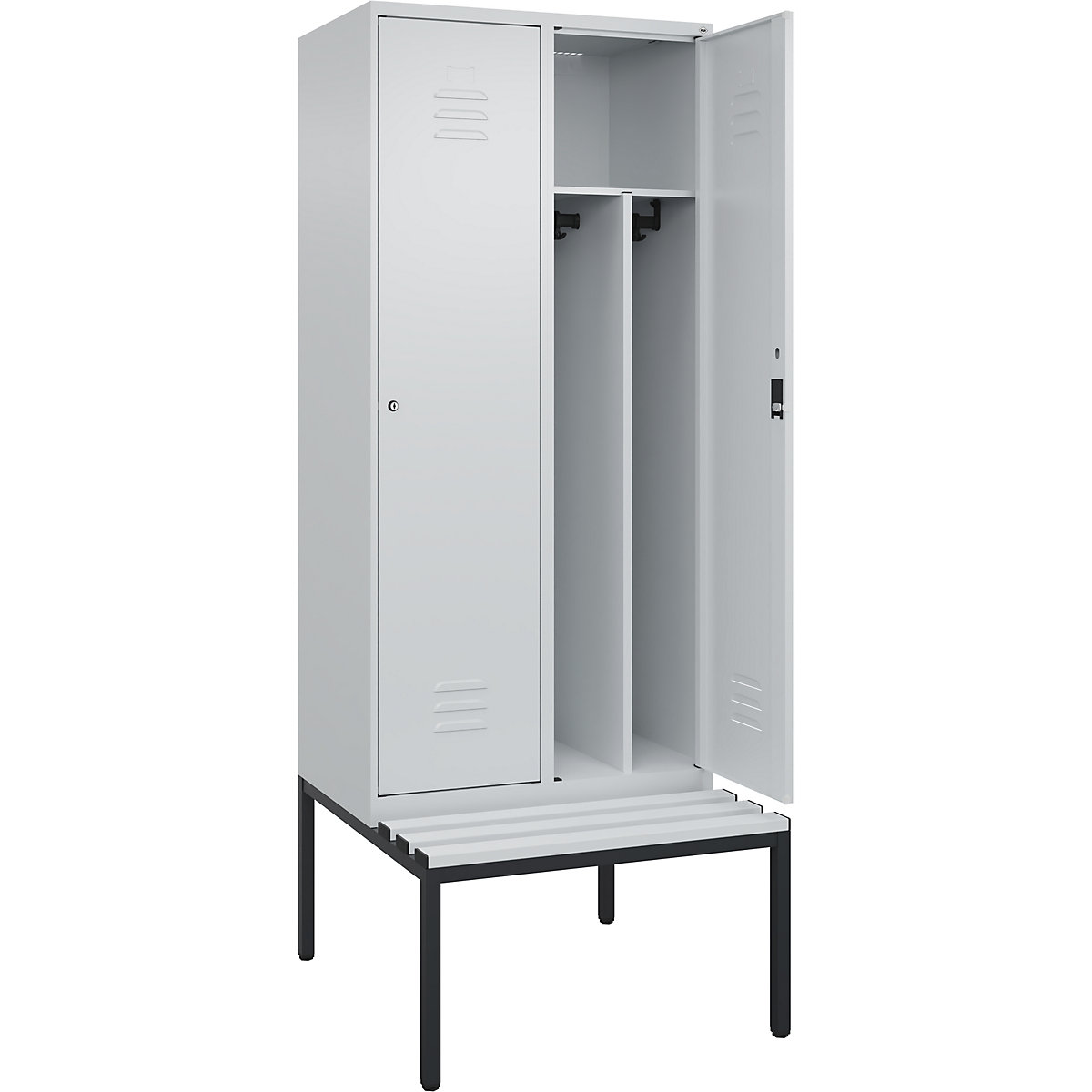 Cacifo com separação de roupa suja/limpa Classic PLUS com banco, estreito – C+P, 2 compartimentos, divisória encurtada, cinzento claro, L 800 mm, fechadura de cilindro, incorporado, plástico-0