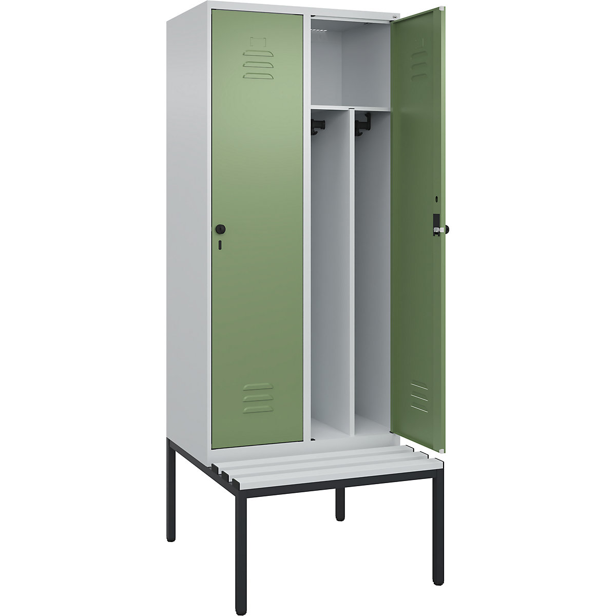 Cacifo com separação de roupa suja/limpa Classic PLUS com banco, estreito – C+P, 2 compartimentos, divisória encurtada, cinzento claro/verde reseda, L 800 mm, trinco de segurança rotativo, incorporado, plástico-0