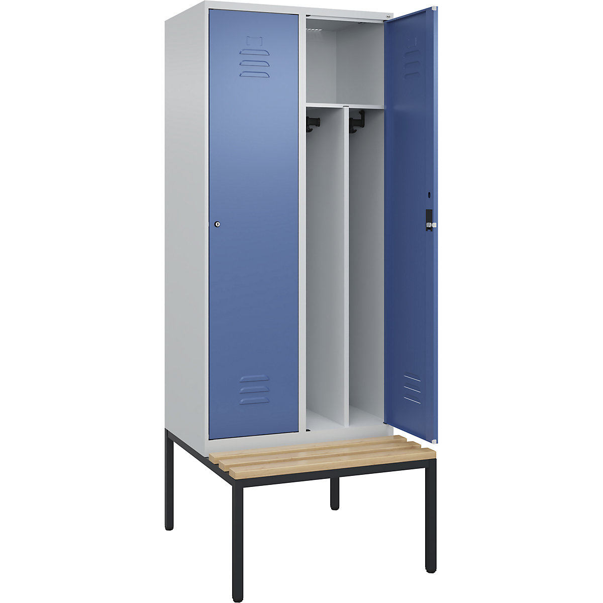 Cacifo com separação de roupa suja/limpa Classic PLUS com banco, estreito – C+P, 2 compartimentos, divisória encurtada, cinzento claro/azul distante, L 800 mm, fechadura de cilindro, incorporado, madeira dura de faia-0