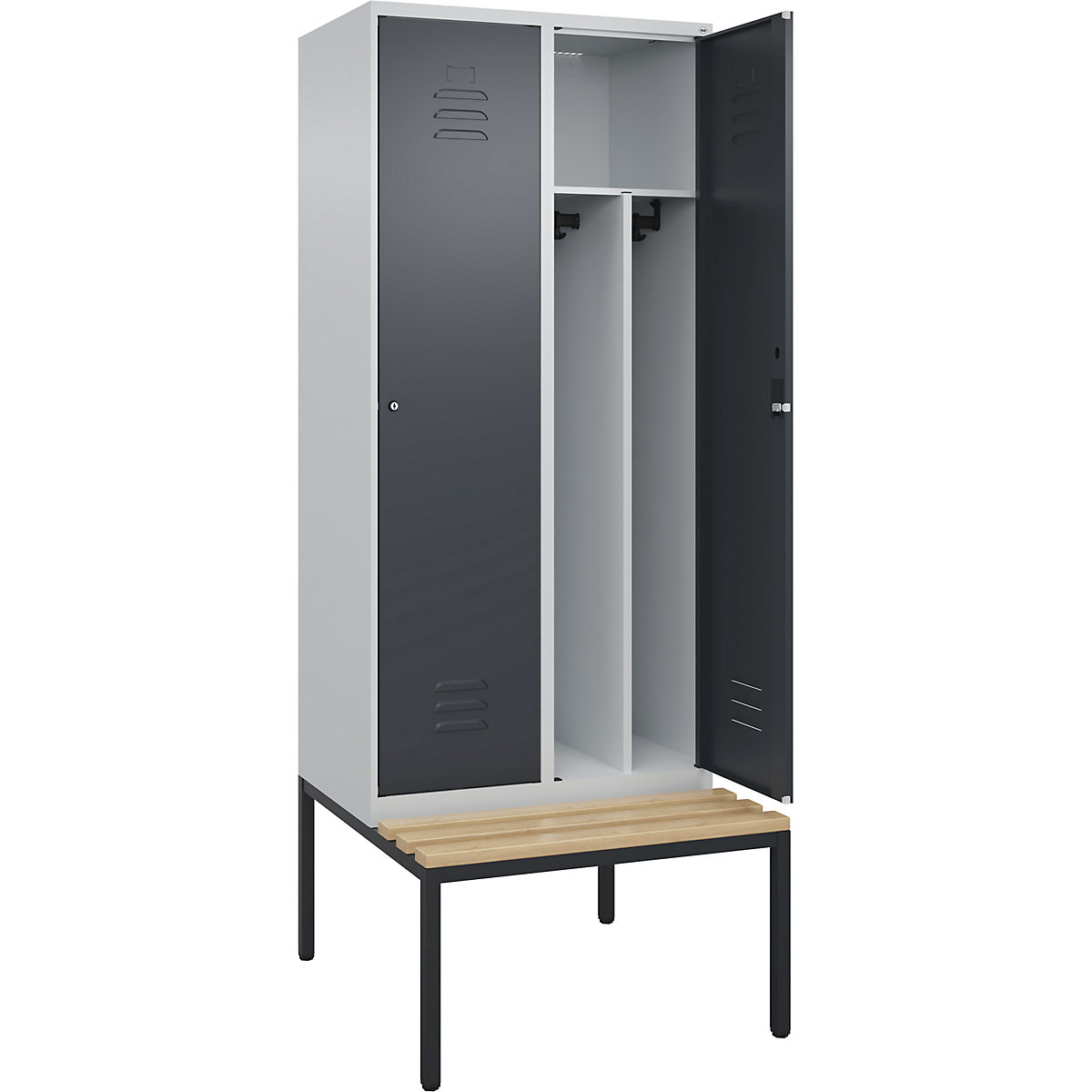 Cacifo com separação de roupa suja/limpa Classic PLUS com banco, estreito – C+P, 2 compartimentos, divisória encurtada, cinzento claro/cinzento, L 800 mm, fechadura de cilindro, incorporado, madeira dura de faia-0