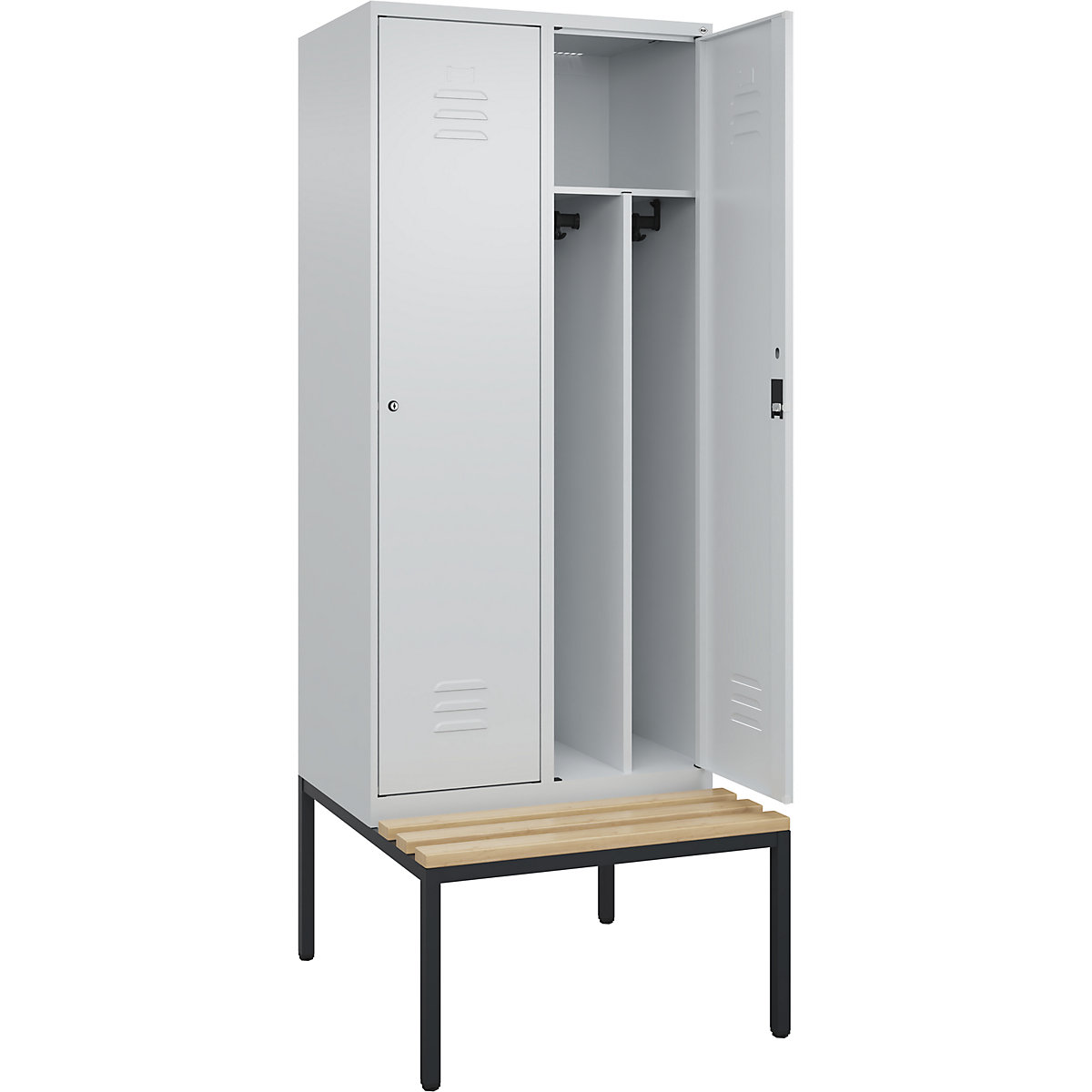 Cacifo com separação de roupa suja/limpa Classic PLUS com banco, estreito – C+P, 2 compartimentos, divisória encurtada, cinzento claro, L 800 mm, fechadura de cilindro, incorporado, madeira dura de faia-0
