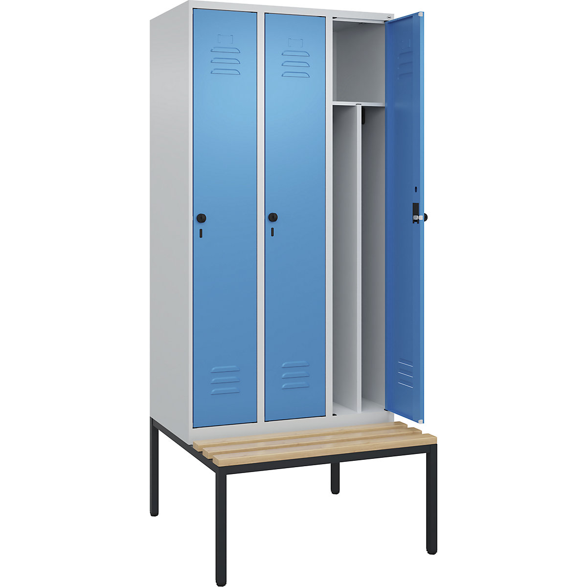 Cacifo com separação de roupa suja/limpa Classic PLUS com banco, estreito – C+P, 3 compartimentos, divisória encurtada, cinzento claro/azul claro, L 900 mm, trinco de segurança rotativo, incorporado, madeira dura de faia-0