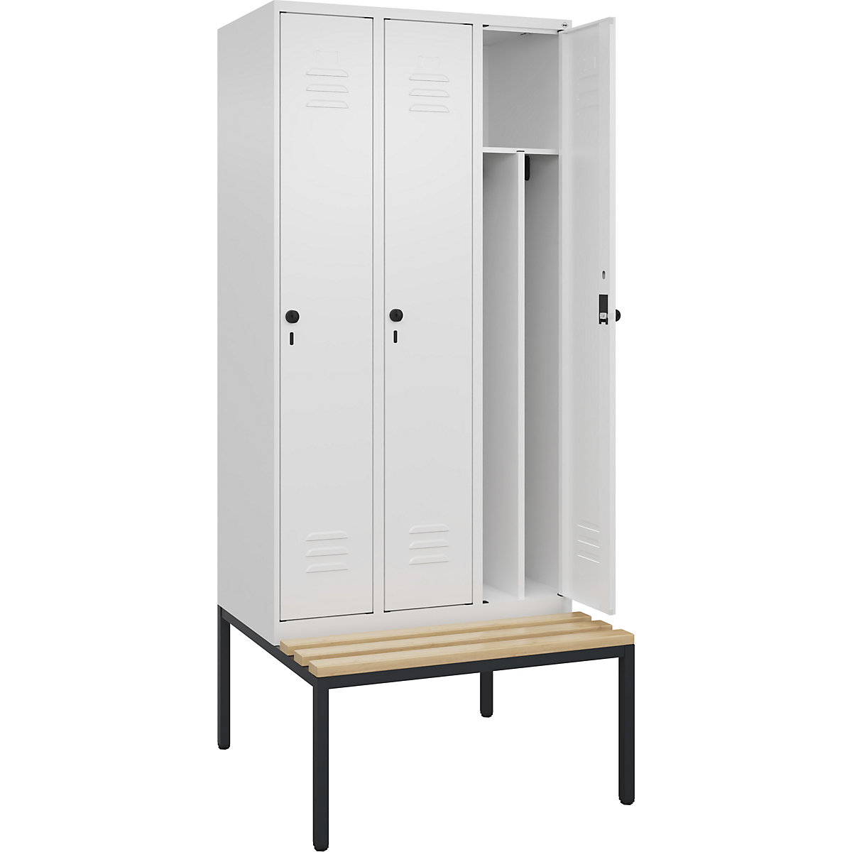 Cacifo com separação de roupa suja/limpa Classic PLUS com banco, estreito – C+P, 3 compartimentos, divisória encurtada, branco trânsito, L 900 mm, trinco de segurança rotativo, incorporado, madeira dura de faia-0