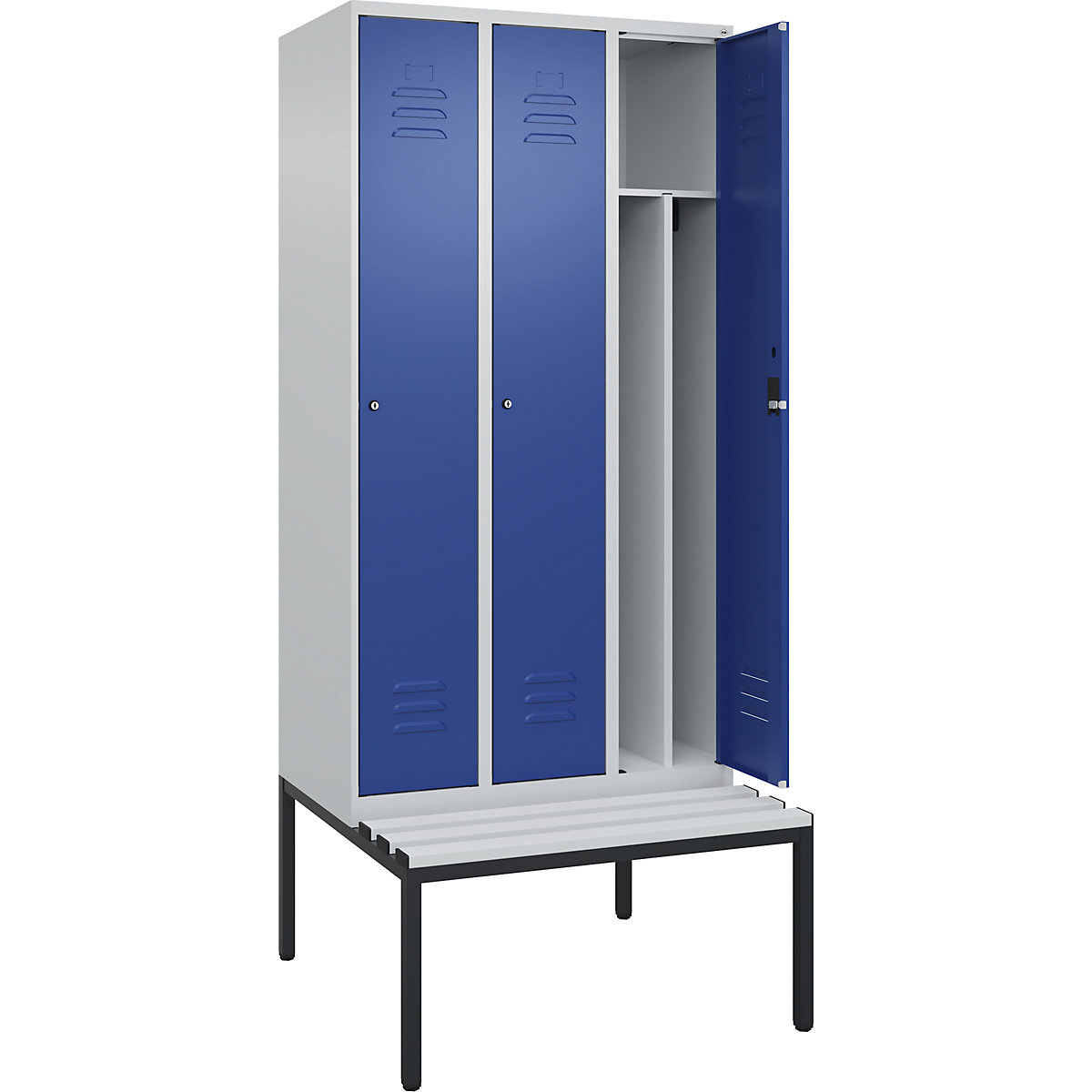 Cacifo com separação de roupa suja/limpa Classic PLUS com banco, estreito – C+P, 3 compartimentos, divisória encurtada, cinzento claro/azul genciana, L 900 mm, fechadura de cilindro, incorporado, plástico-0