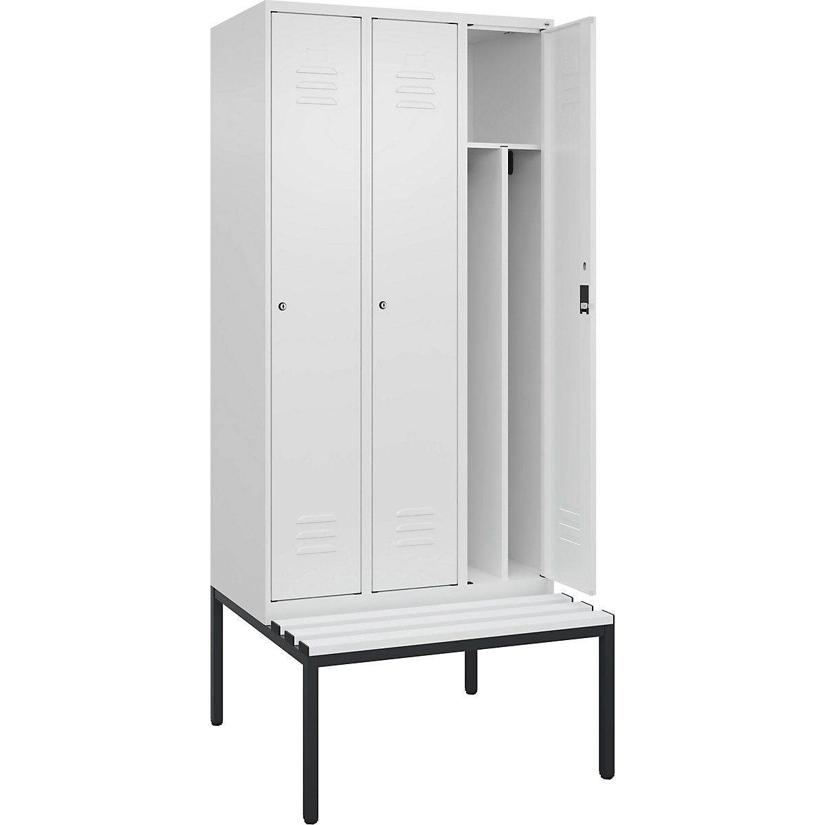 Cacifo com separação de roupa suja/limpa Classic PLUS com banco, estreito – C+P, 3 compartimentos, divisória encurtada, branco trânsito, L 900 mm, fechadura de cilindro, incorporado, plástico-0
