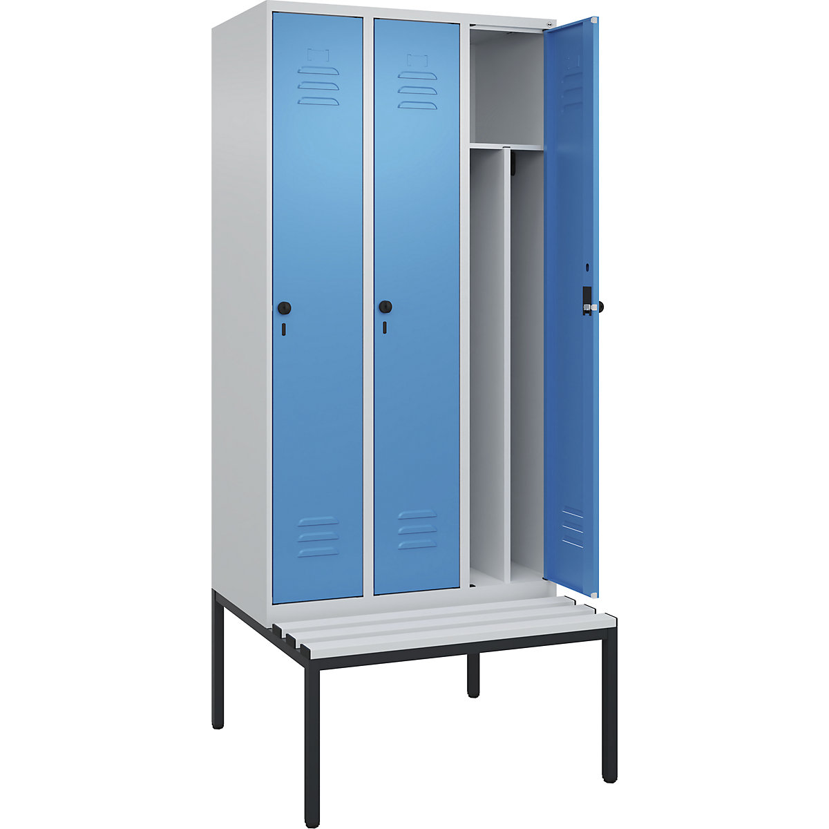 Cacifo com separação de roupa suja/limpa Classic PLUS com banco, estreito – C+P, 3 compartimentos, divisória encurtada, cinzento claro/azul claro, L 900 mm, trinco de segurança rotativo, incorporado, plástico-0