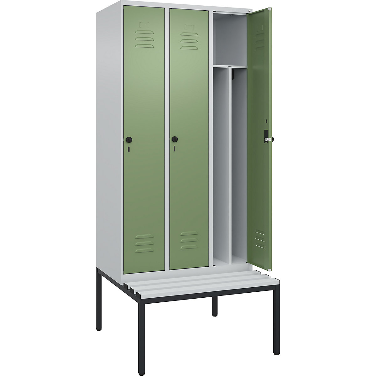 Cacifo com separação de roupa suja/limpa Classic PLUS com banco, estreito – C+P, 3 compartimentos, divisória encurtada, cinzento claro/verde reseda, L 900 mm, trinco de segurança rotativo, incorporado, plástico-0