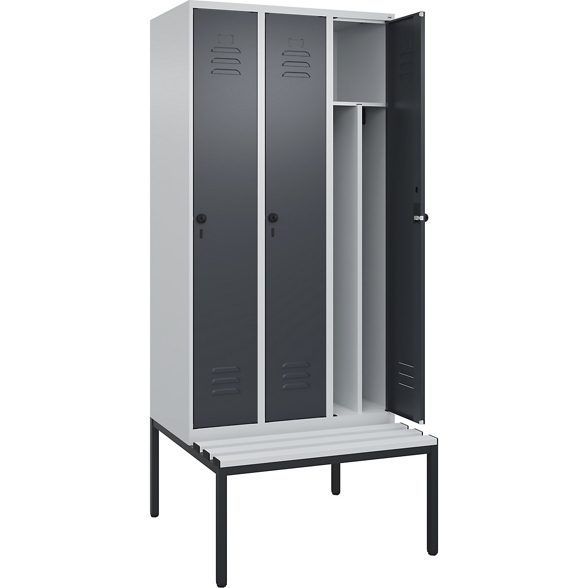 Cacifo com separação de roupa suja/limpa Classic PLUS com banco, estreito – C+P, 3 compartimentos, divisória encurtada, cinzento claro/cinzento, L 900 mm, trinco de segurança rotativo, incorporado, plástico-0