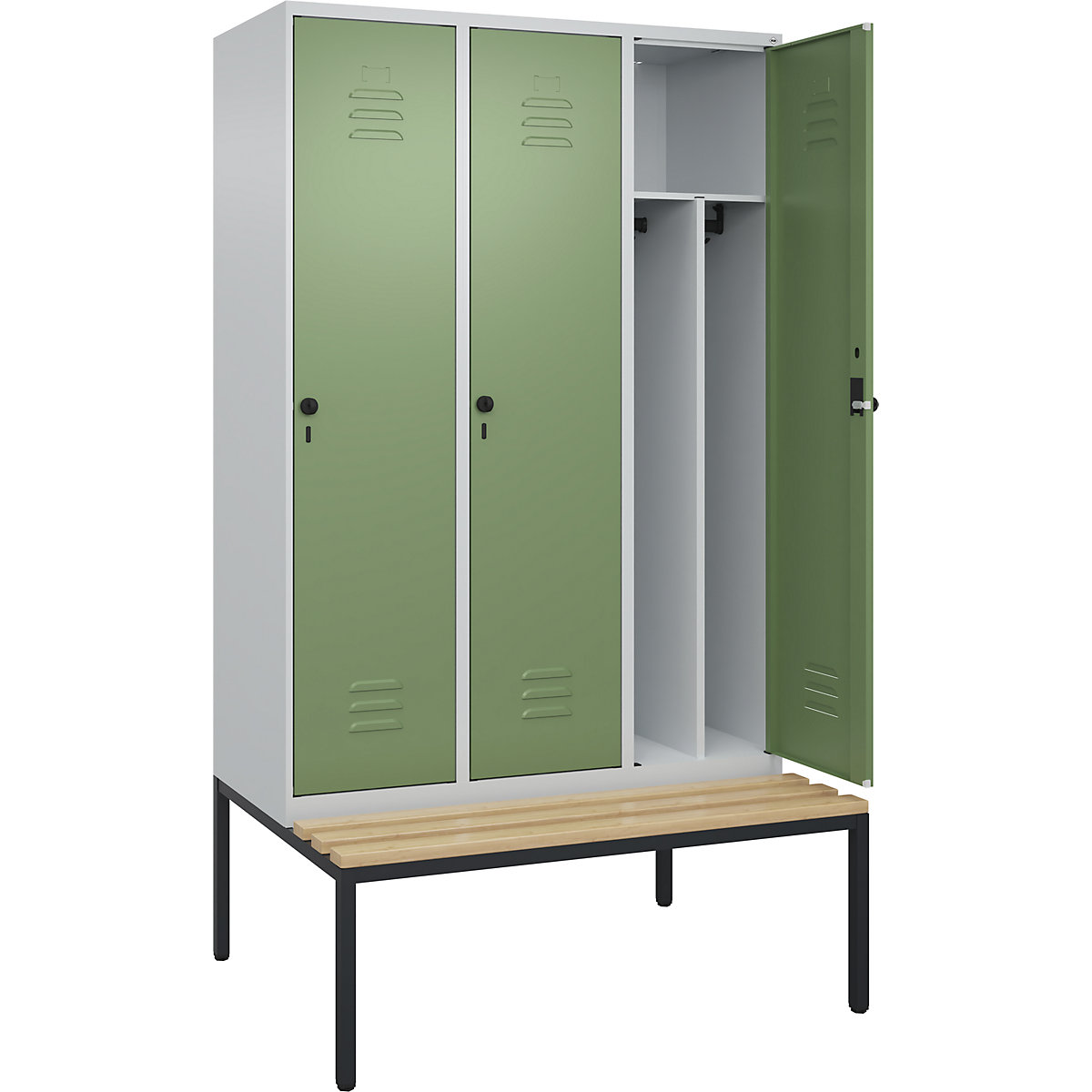 Cacifo com separação de roupa suja/limpa Classic PLUS com banco, estreito – C+P, 3 compartimentos, divisória encurtada, cinzento claro/verde reseda, L 1200 mm, trinco de segurança rotativo, incorporado, madeira dura de faia-0