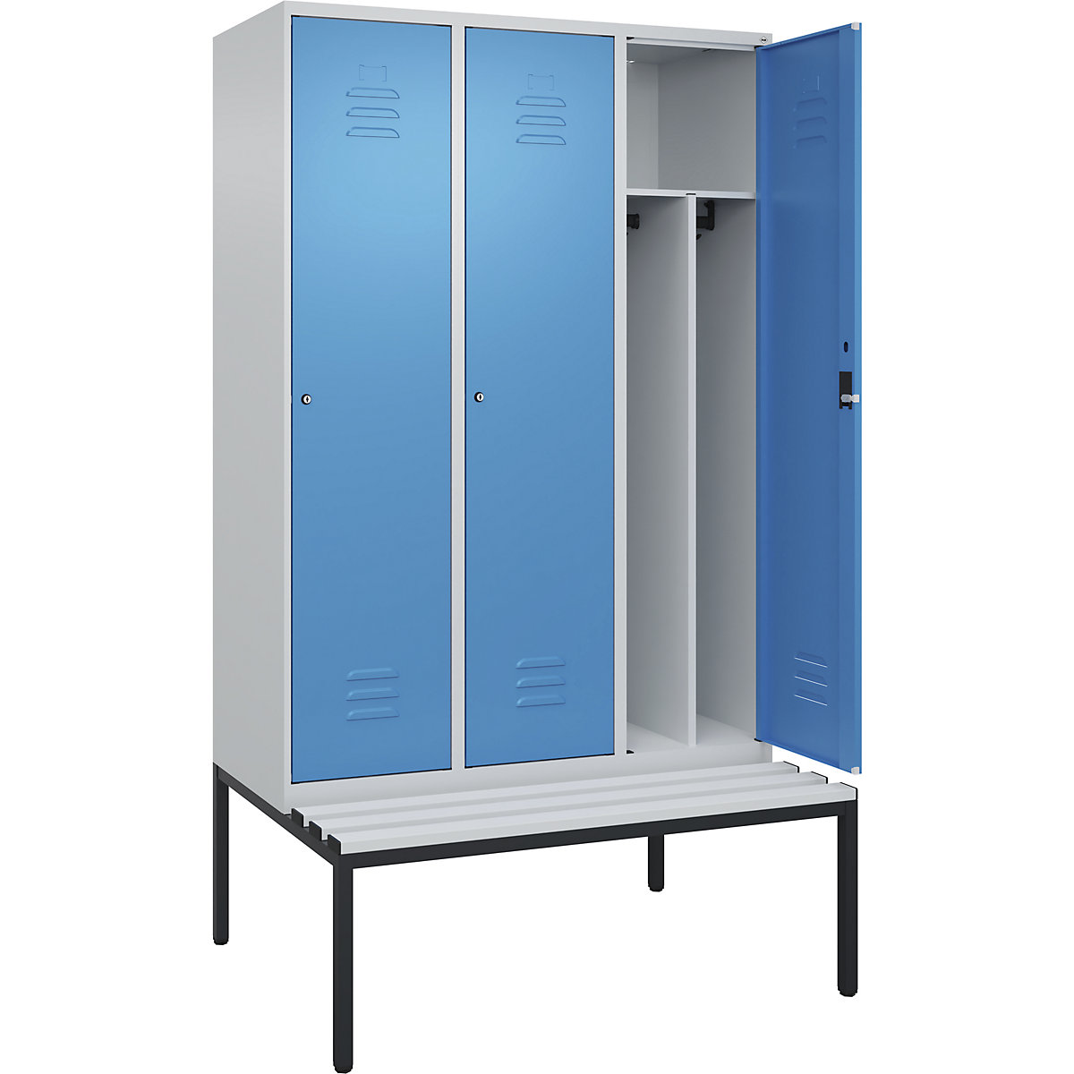 Cacifo com separação de roupa suja/limpa Classic PLUS com banco, estreito – C+P, 3 compartimentos, divisória encurtada, cinzento claro/azul claro, L 1200 mm, fechadura de cilindro, incorporado, plástico-0